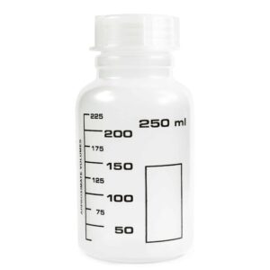 Butelka z nakrętką, polipropylen (PP), czarna skala, pole opisowe - 250 ml, GL40 • SKU: B-0012-250