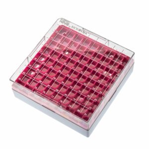 Biologix® CryoKING Kriopudełko na probówki, 81 miejsc - poliwęglan (PC) - Czerwony, 133 x 133 x 52 mm • SKU: BGX-KRI-81PC-CZE